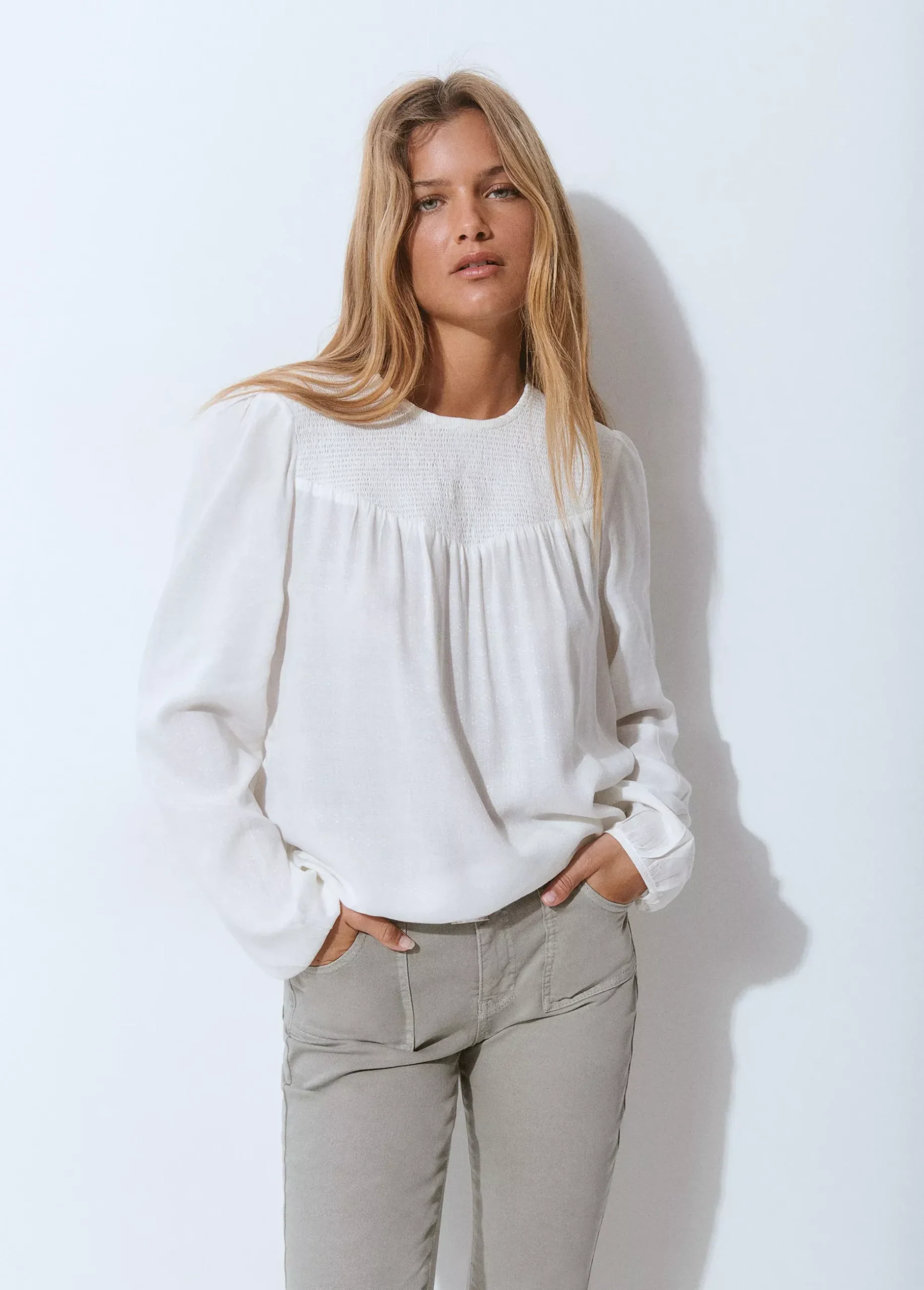 Blusa cuello redondo smock en pico