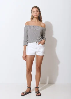 Camiseta escote bardot raya tejida bicolor