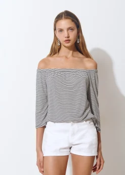 Camiseta escote bardot raya tejida bicolor