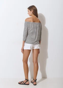 Camiseta escote bardot raya tejida bicolor