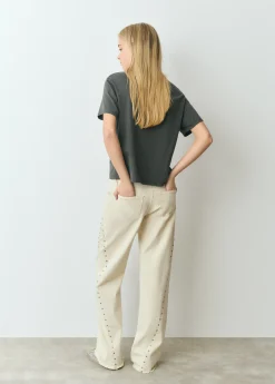 Camiseta manga corta texto bordado lentejuelas