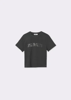 Camiseta manga corta texto bordado lentejuelas