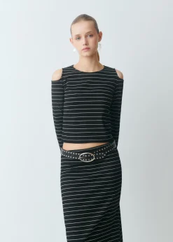 Camiseta raya lurex cut-out hombro