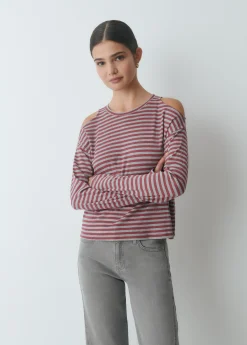 Camiseta raya lurex cut-out hombro