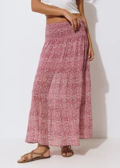 Falda larga smock cintura estampada