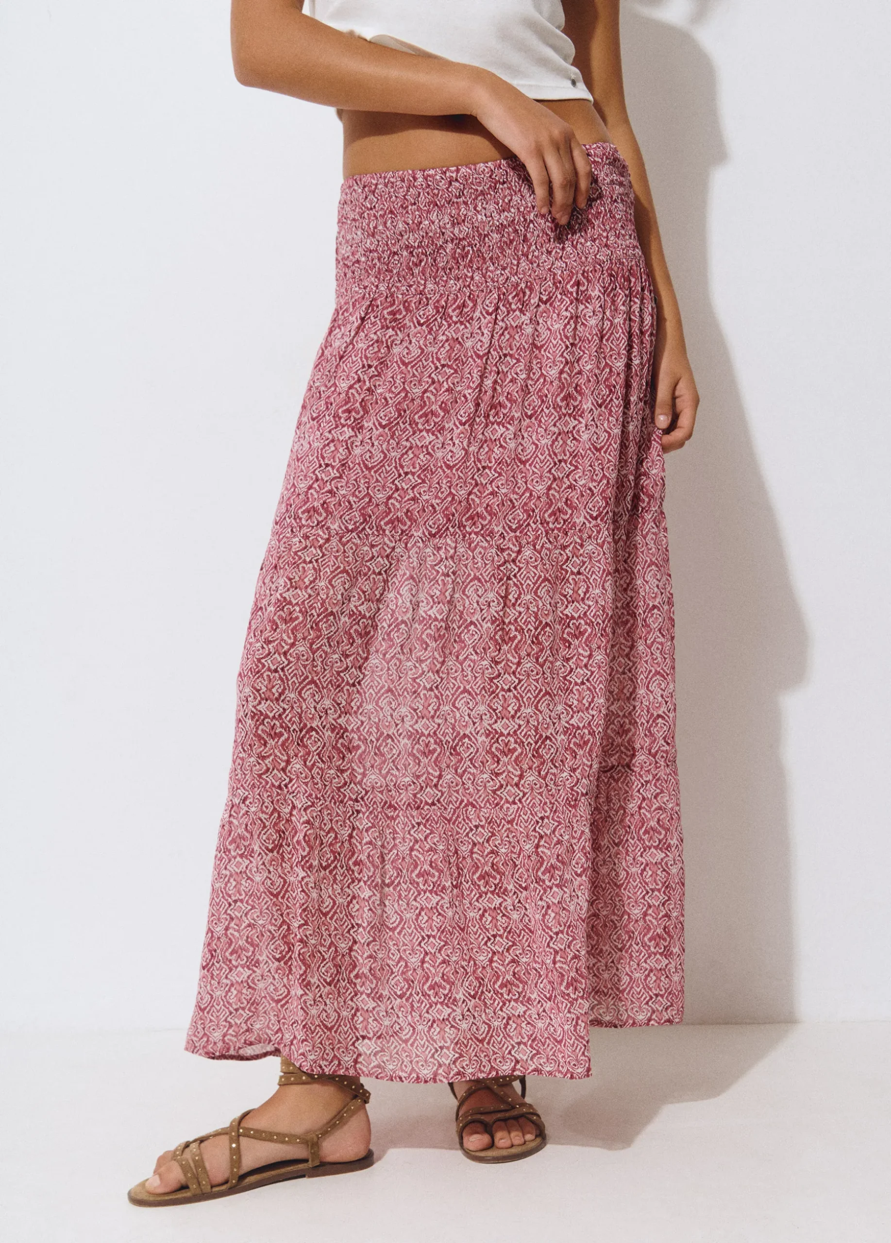Falda larga smock cintura estampada