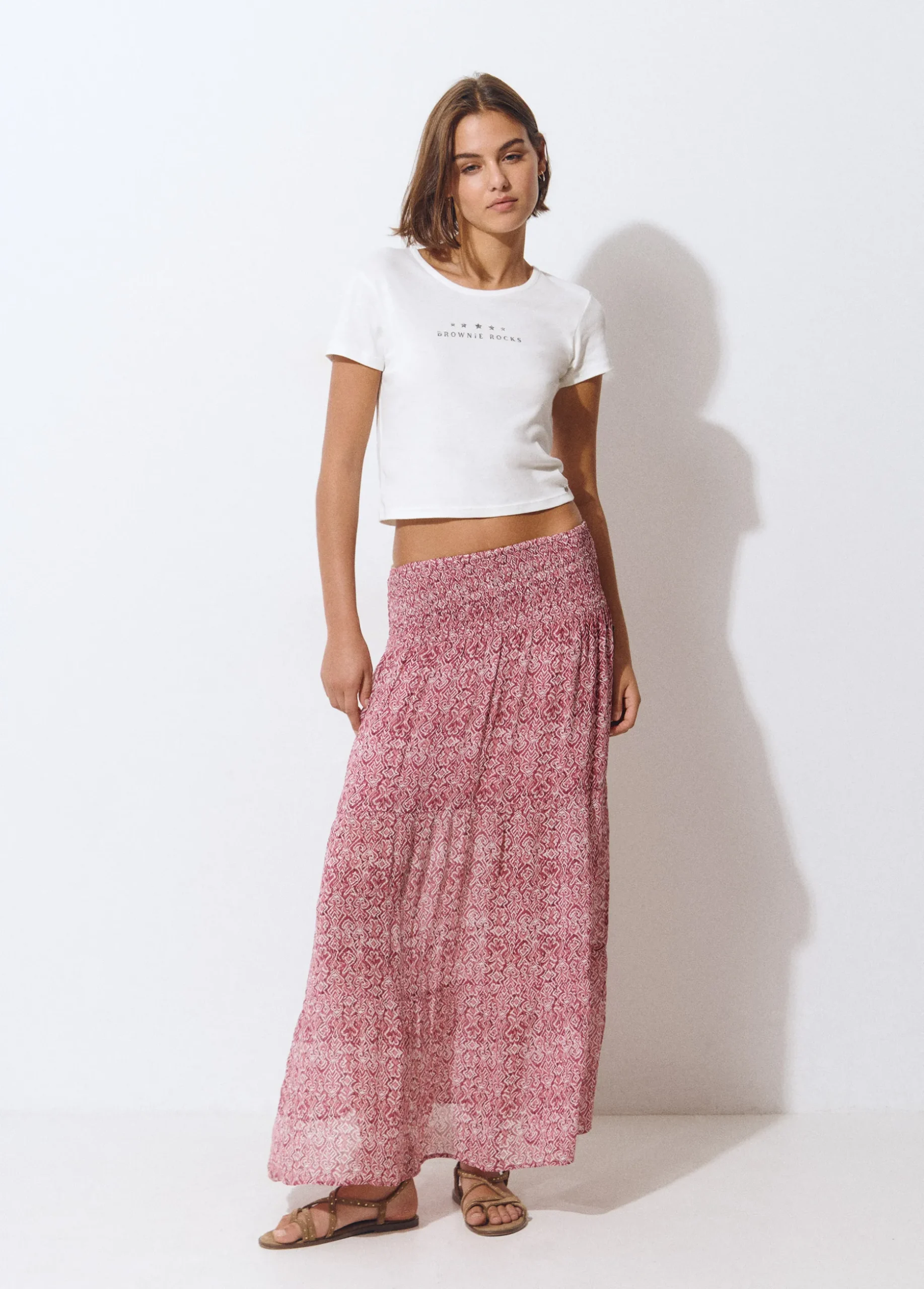 Falda larga smock cintura estampada